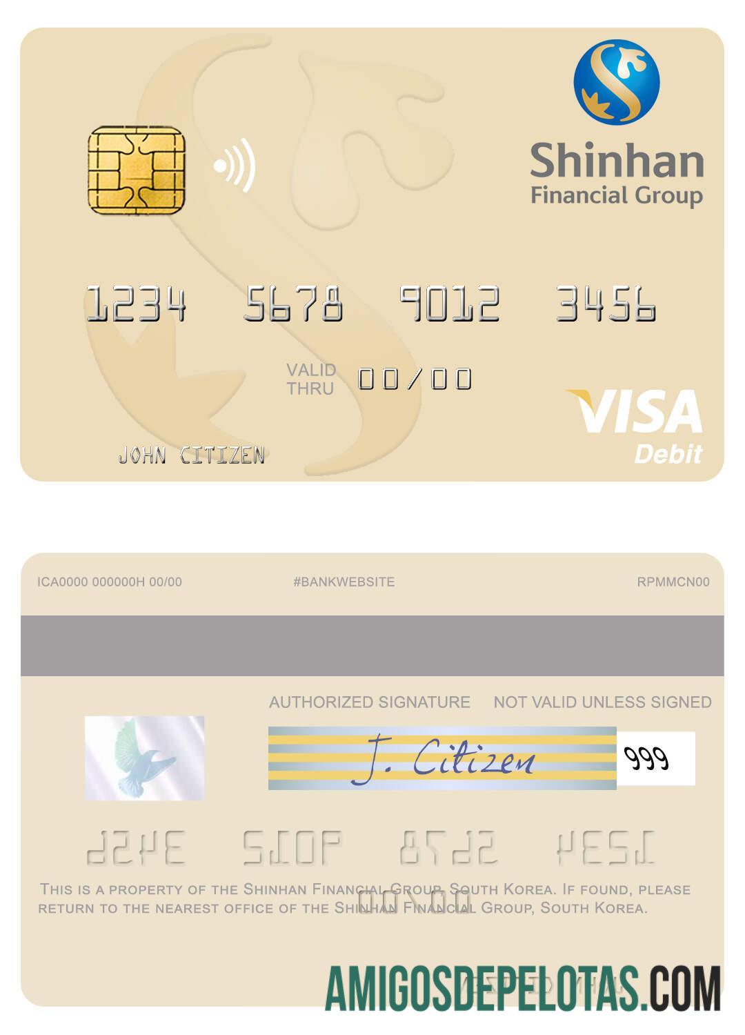 Cartão de débito Visa do Shinhan Financial Group da Coreia do Sul modelo